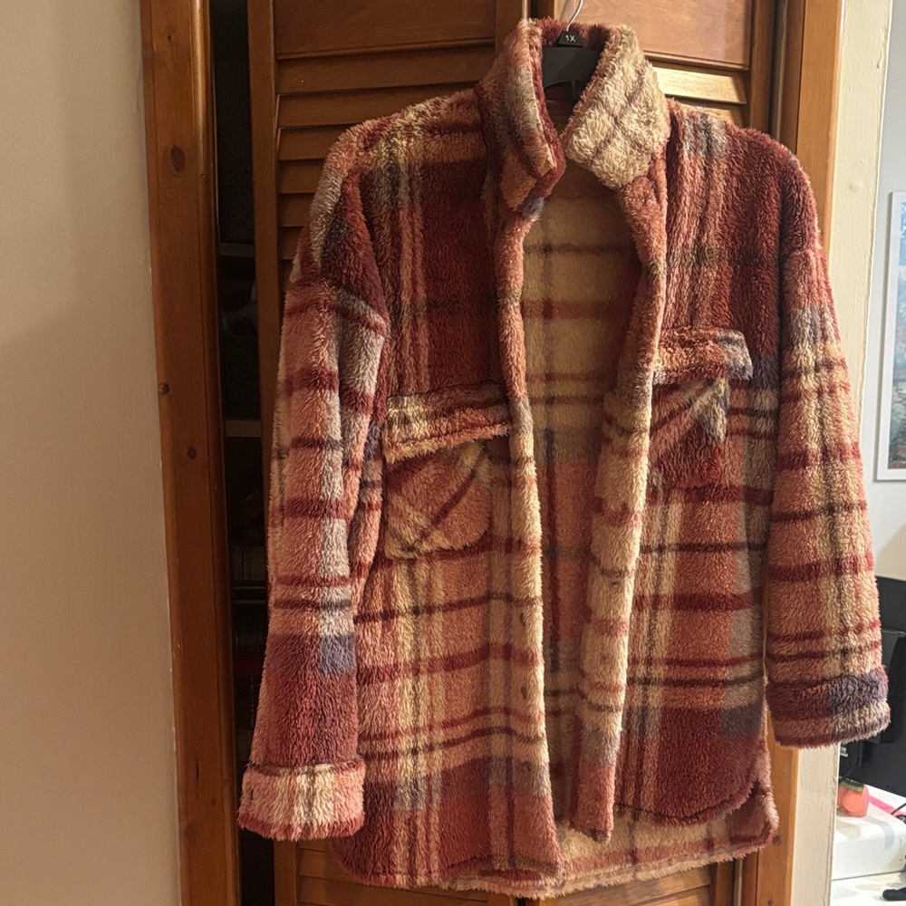 Plaid Teddy Jacket in Red and Cream